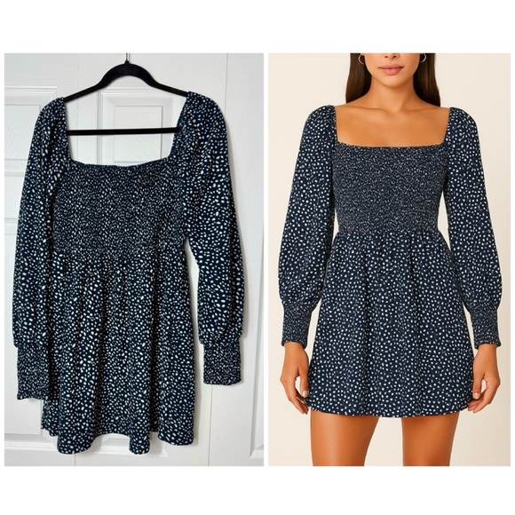 Mi Ami For Francesca's Navy Blue Deer Polka Dot Smocked Mini Dress Size Large - Picture 1 of 5